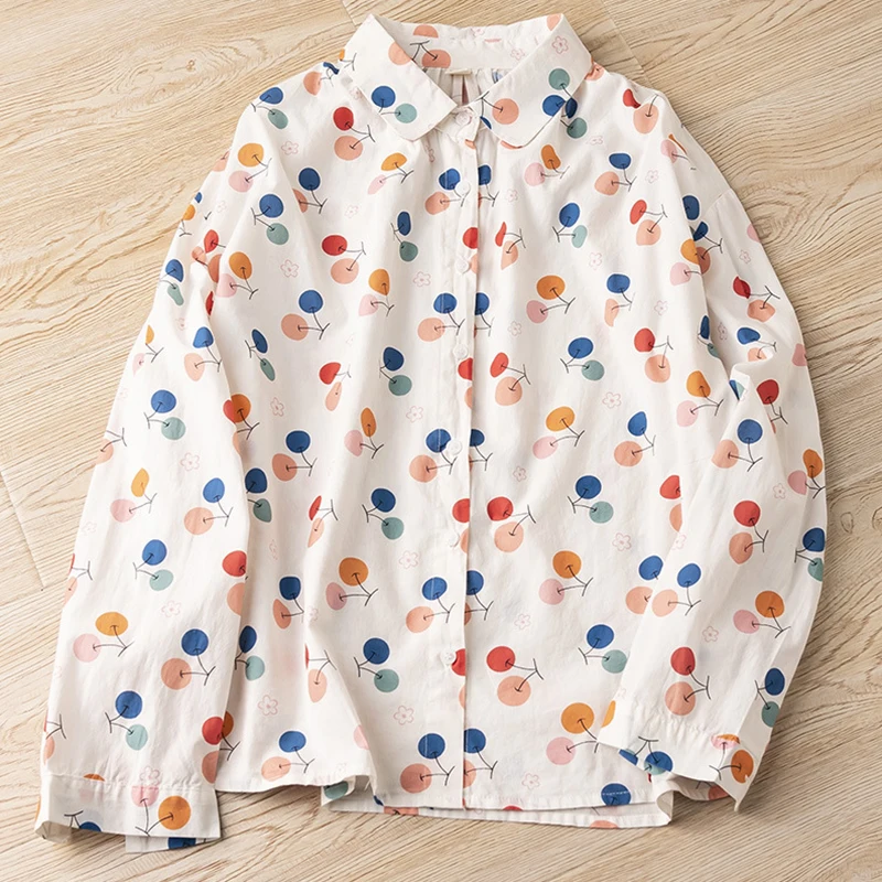 

Весенне-осенняя хлопковая рубашка-топы для женщин, милая свободная блузка с отложным воротником и длинным рукавом с цветочным принтом, женская базовая блузка Blusa U384