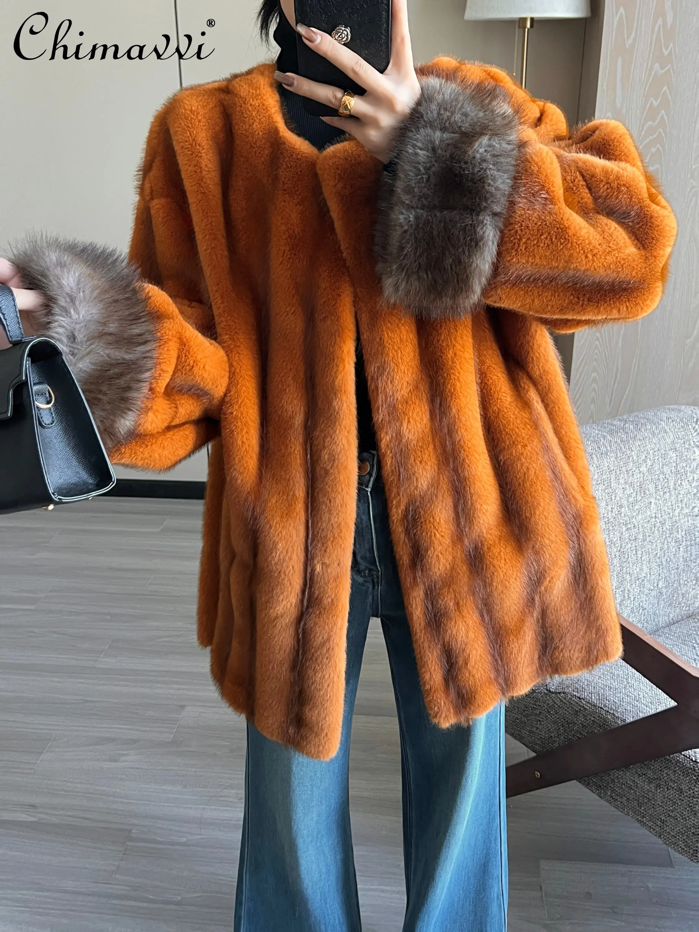 Chaqueta de invierno de felpa gruesa de alta sociedad para mujer, abrigo de piel sintética con cuello redondo y manga larga, elegante, a la moda, estilo coreano