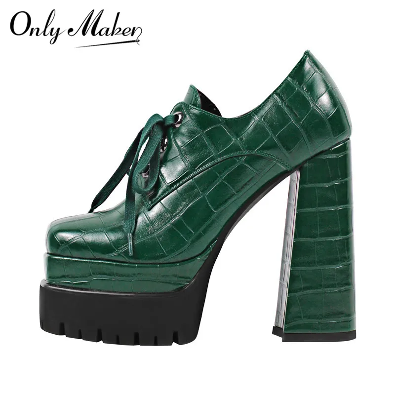 

Onlymaker Women Green Pumps Double Platform Leather Patterned Lace Up Punk Fashion Big Size Heels Shoes