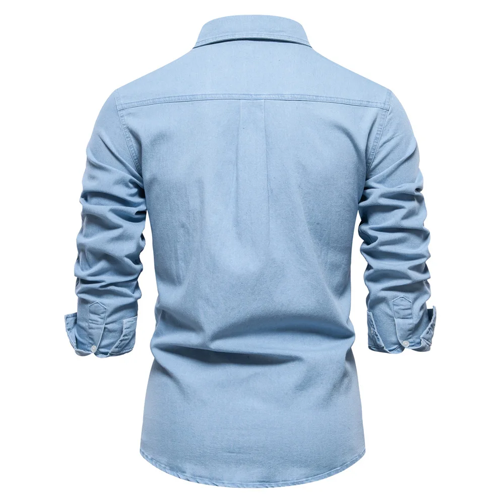 Fashion Autumn Cotton Denim Shirts Men Casual Long Sleeve Quality Cowboy Shirt Solid Color Slim Fit Elastic Jean Shirts for Men