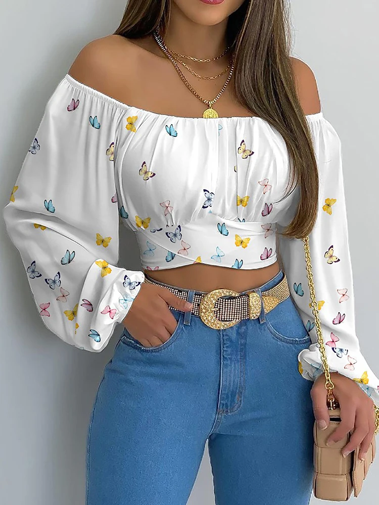 Women Sexy Off Shoulder Blouse Chic and Elegant Printing Lantern Long Sleeve Lace Up Bow Cropped Tops Casual Slim Shirts 2024