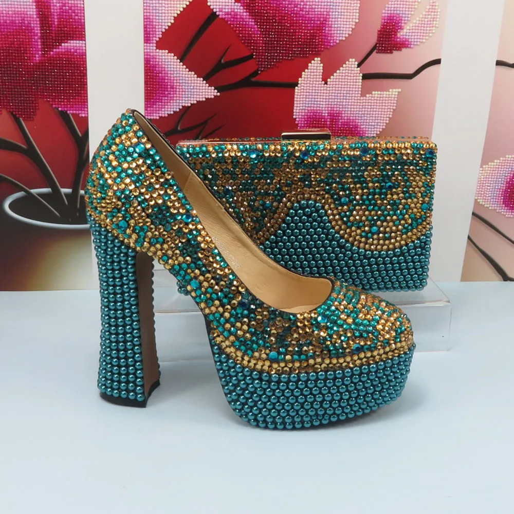 Fashion Teal Blue Mix Color Wedding Shoes and bag Set Woman 14CM High Pumps Thick Heel Party Shoes Matching Bag Round Toe Pumps