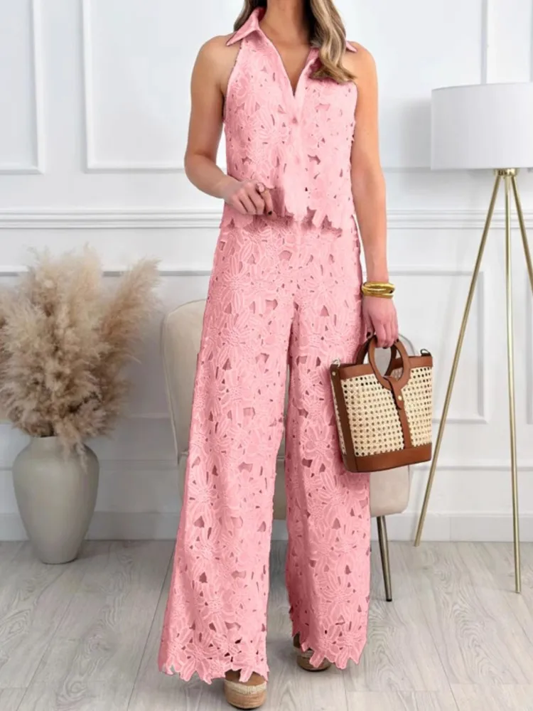 

Summer Women's Simple Solid Color Comfortable Casual Suit Hollow V-neck Lace Vest Top Wide-leg Straight Trousers Two-piece Set