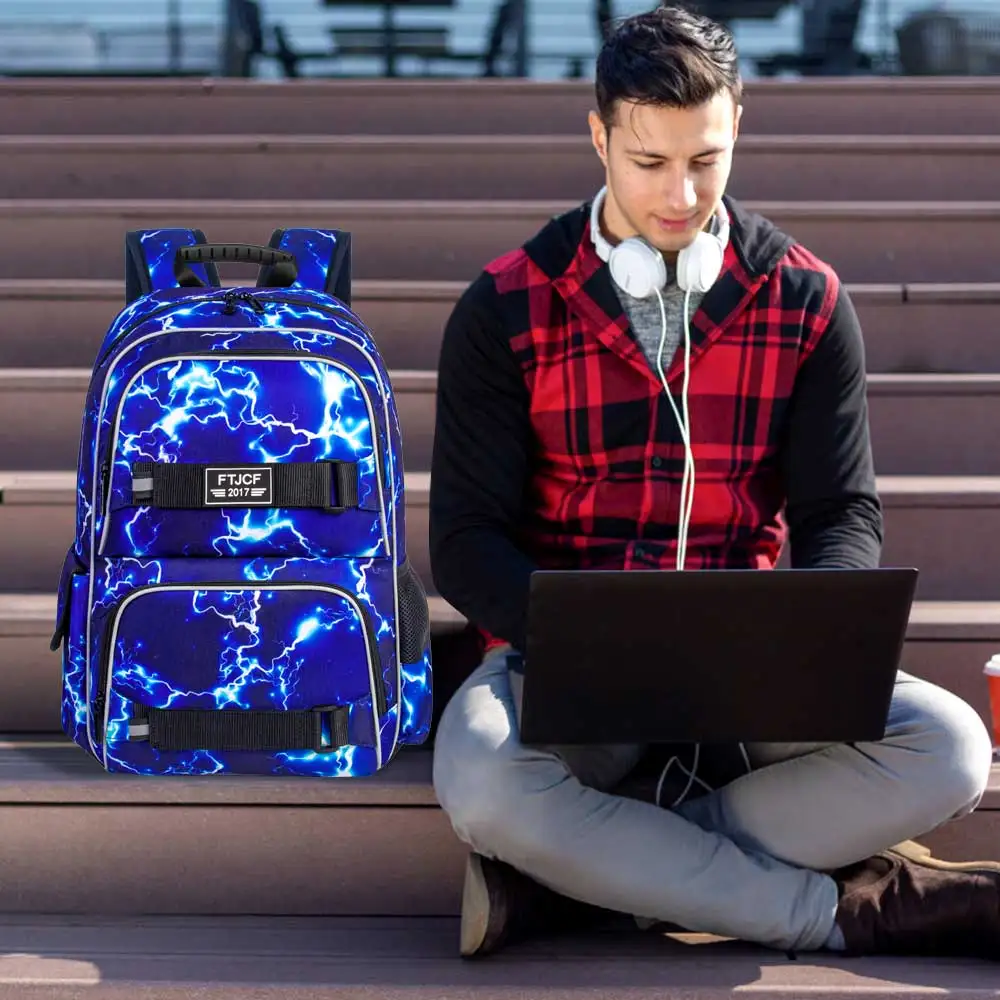 3 ชิ้นกระเป๋าเป้สะพายหลังเด็กชายสายฟ้า, 16 นิ้วกระเป๋าแล็ปท็อปโรงเรียนวัยรุ่นวิทยาลัยกันน้ำเด็กกระเป๋าเป้สะพายหลังพร้อมกล่องอาหารกลางวันชุดสีฟ้า