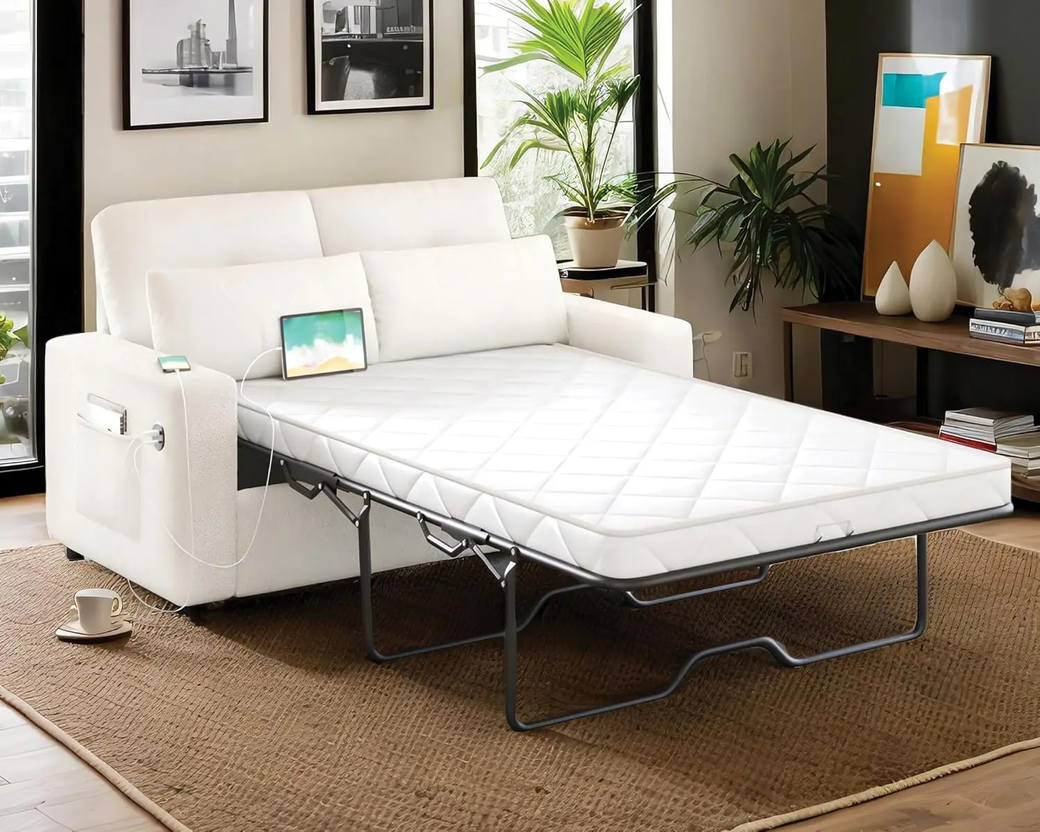 Pull Out Sofa Bed, Sleeper Sofa with USB/Type-C Charging Ports, Convertible Couch Bed with Memory Foam Mattress, White Sofa Couc