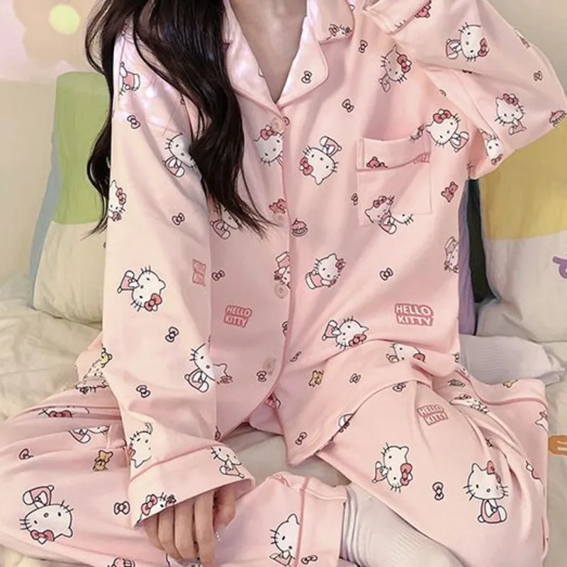 Women\'s Spring and Autumn Long Sleeve Beauty Hello Kitty 2 Pcs Pajama Set With Chest Pads Sleepwear Loose Student Home Clothes