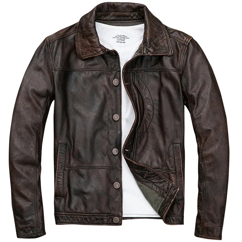 Herren echte Herbst neue Vintage Rindsleder Mantel männlich Retro Distressed kurze Jacke schlanke Revers Chaquetas Hombre