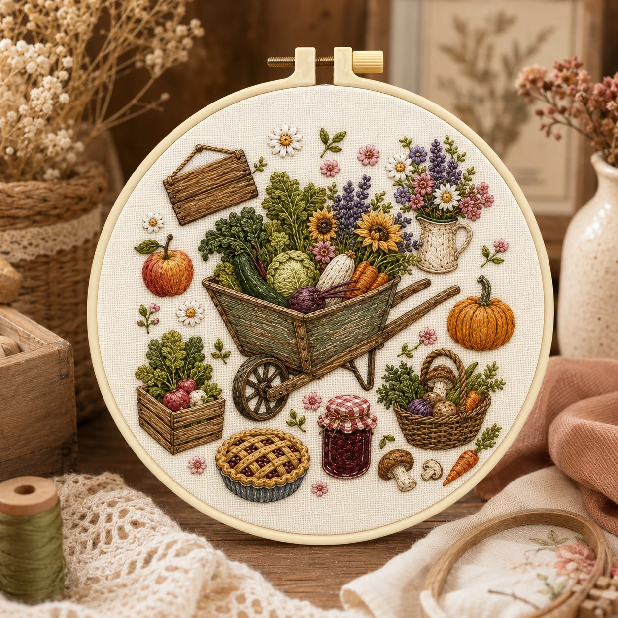 All-in-One Stamped Embroidery Kit, Farmers Market Pattern Embroidery DIY Craft Set for Adults, Starters & Home Wall Decor