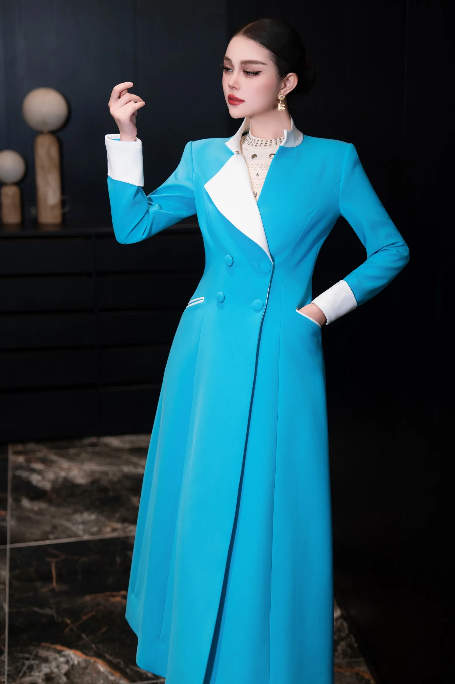 Kate Style Vintage Trench Coat Contrast Color Lapel Double Button Pockets Asymmetric Women's Overcoat Autumn New Fashion