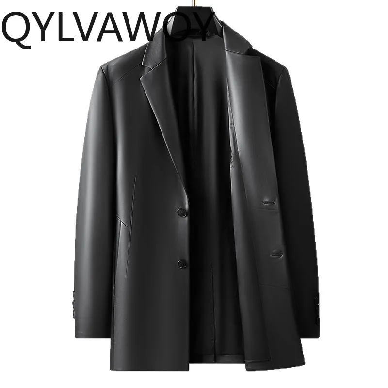 

QYLVAWOY Real Sheepskin 100% Genuine Leather Jacket Men Mid-length Casual Suit Trench Coat 2026 High-end Black Leather Jackets