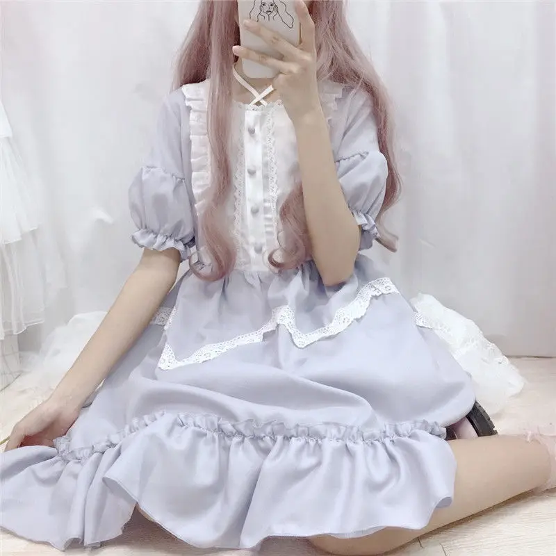 Sweet Cute Lolita OP Dress Women Vidorian Vintage Lace Ruffles Splice Harajuku Dresses Girly Anime Costume Princess Lolita Dress