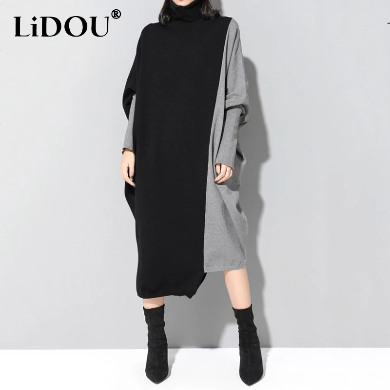 

Autumn Winter Oversized Half High Collar Vintage Vestido Patchwork Dress Women Batwing Long Sleeve Robe Casual Fashion Dresses