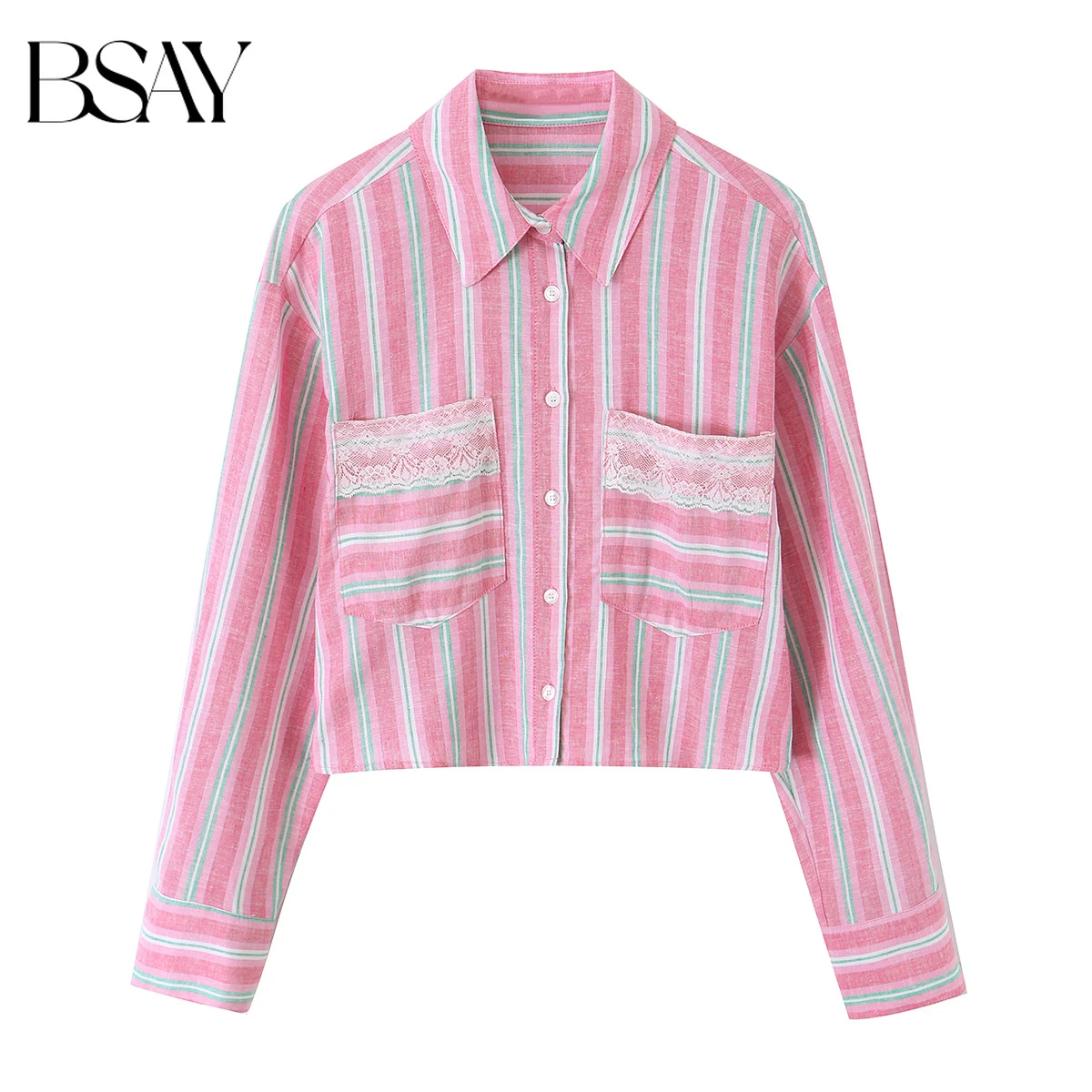 BSAY Striped Shirt Spring Summer New Women's Clothing Loose Long Sleeved Blouses Lapel Lace Sweet Pink Chic Ladies Tops