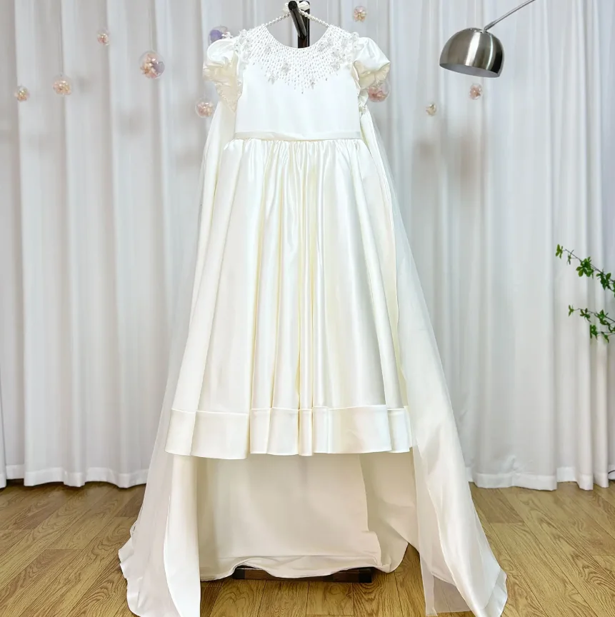 Luxury White Satin Arabic Wedding Girls Dress Beaded Pearls Satin Princess Kids Birthday Party Long Gown First Communion Dress