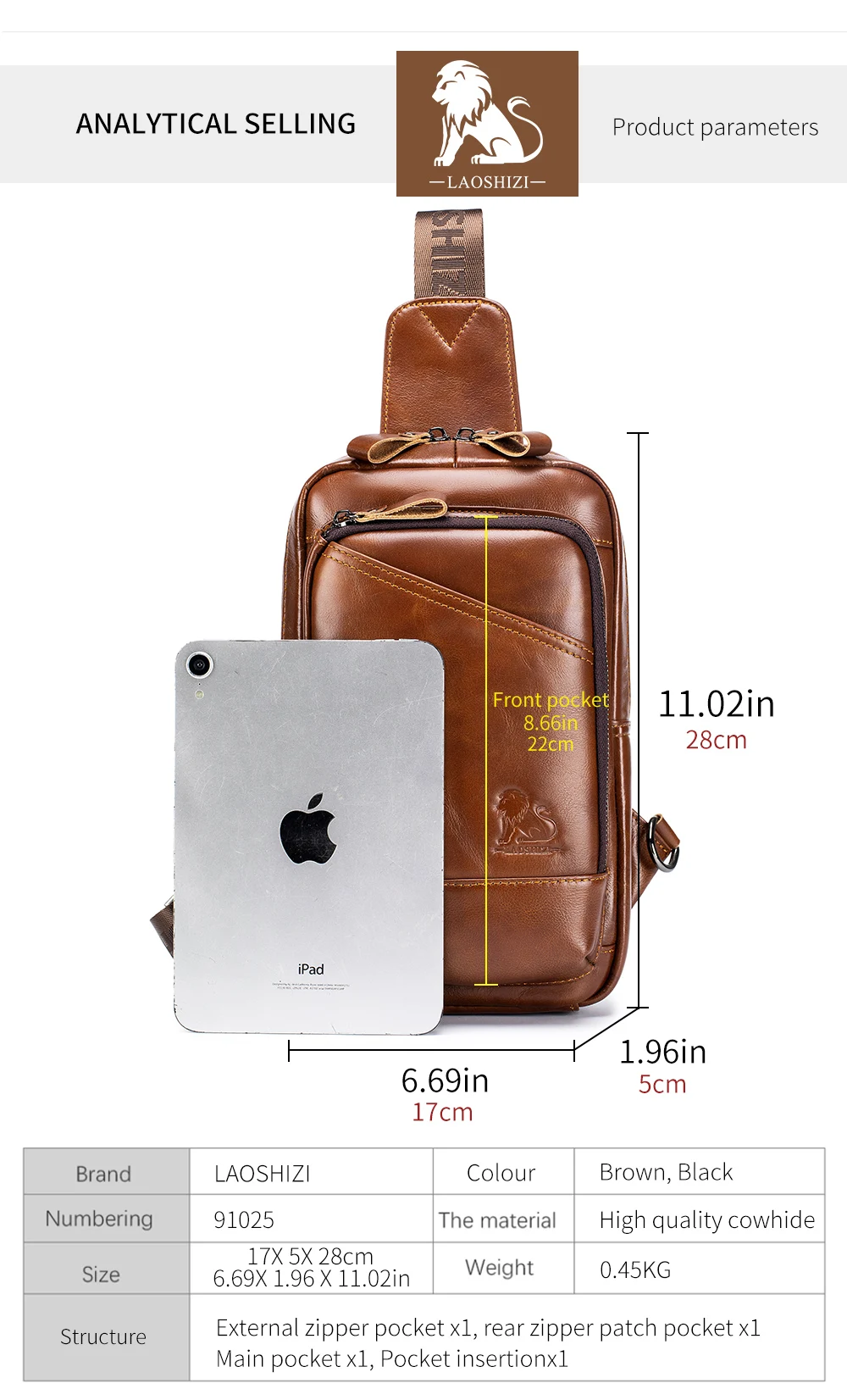 Steel Lion Herren-Brusttasche aus echtem Leder, großes Fassungsvermögen, vorne, Kartensteckplatz, Stifthalter, Tablet-Hülle, einzelne Schulter-Crossbody-Tasche – Detail 7