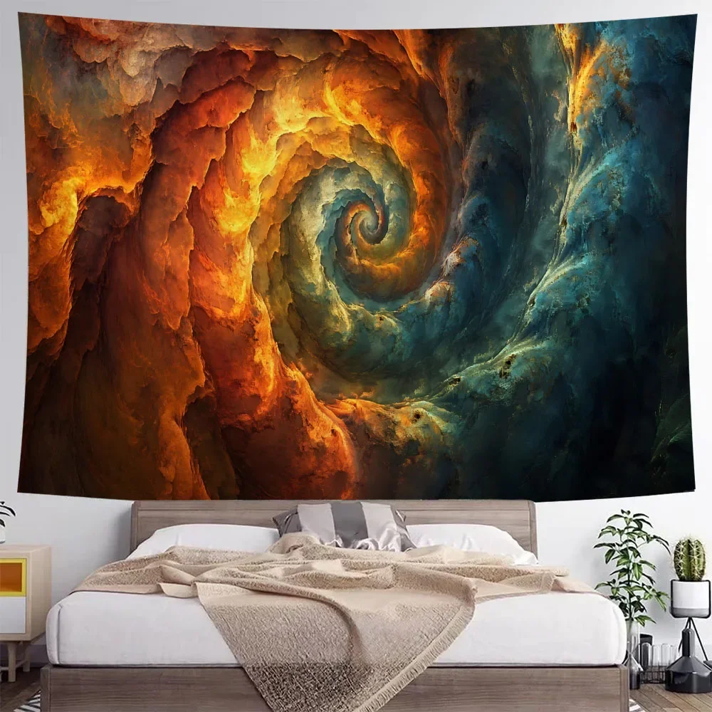 Geometric fractal tapestry in bedroom, psychedelic art decoration poster, colorful aesthetic bohemian art wall hanging cloth