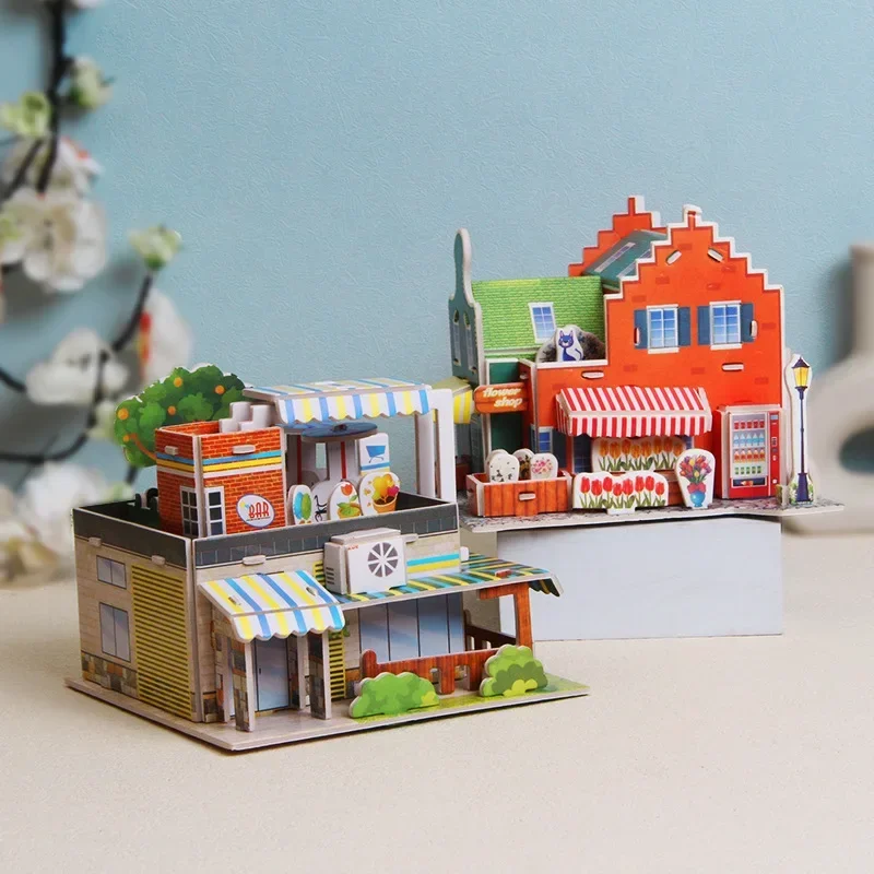 3D Exquisite Paper Puzzles Children\'s Handmade DIY Toys IceCream French-Hotel Flower-shop Supermarket  WL