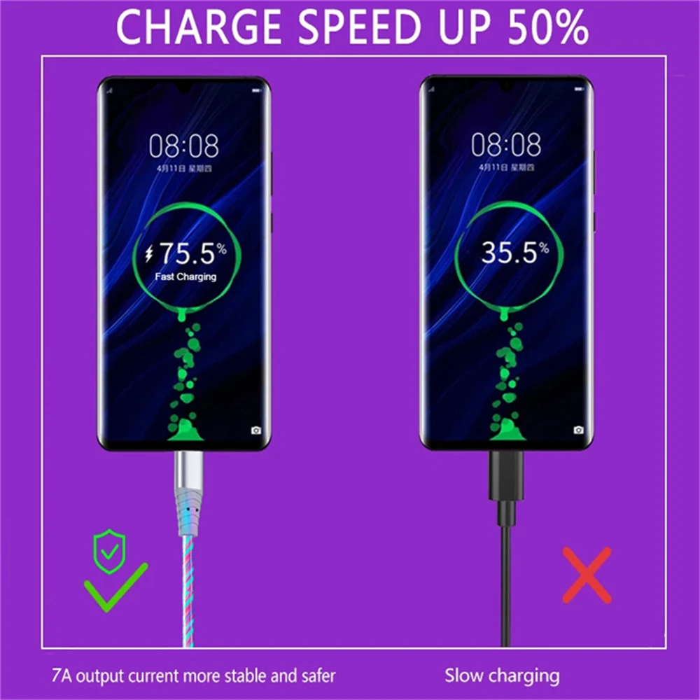 100W Glowing LED Cable 7A Micro USB Type C Data Cable Flowing Streamer USB C Cord Fast Charging for Huawei Xiaomi Samsung