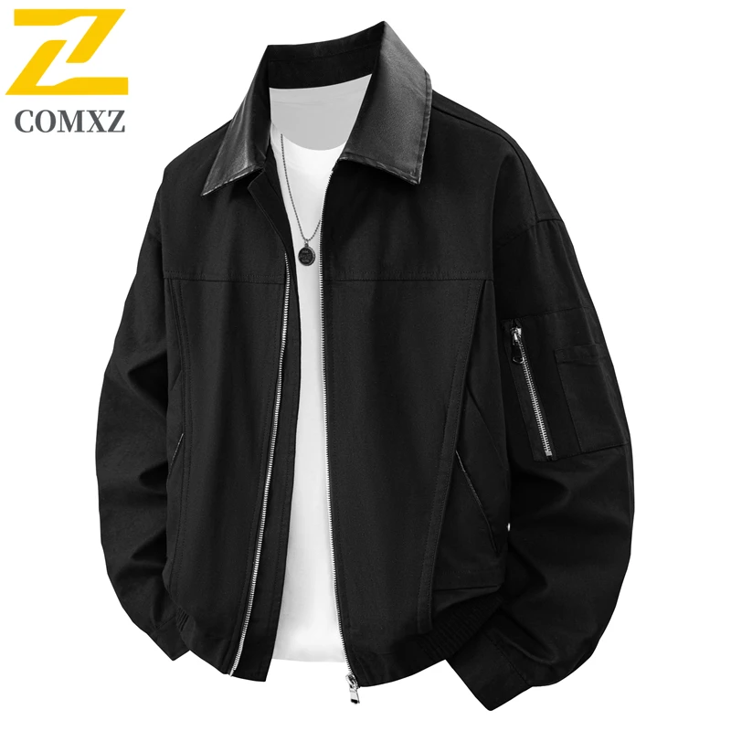 

Мужская куртка COMXZ с цветными блоками, новинка 2025, модная классическая удобная дышащая куртка с воротником, уличная повседневная свободная куртка на молнии
