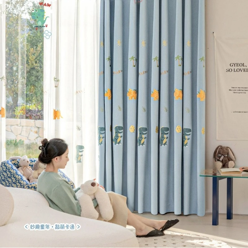 Cute Cartoon Embroidered Curtains for Children's Rooms, Featuring Dinosaur Chenille Patterns, Perfect for Boys and Girls.창문커텐