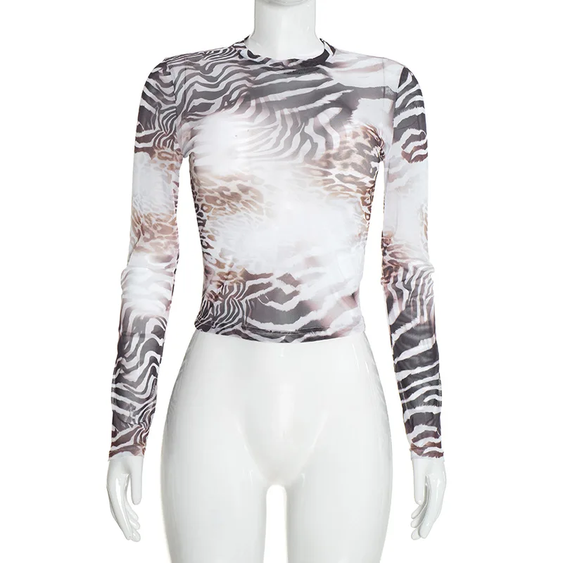 Damen Zweiteiliges Outfit: Mesh-Oberteil mit Langen Ärmeln + Hochgeschnittene Shorts mit Gemischtem Leoparden- und Zebramuster, Transparentes Nachtclub-Outfit – Detail 7