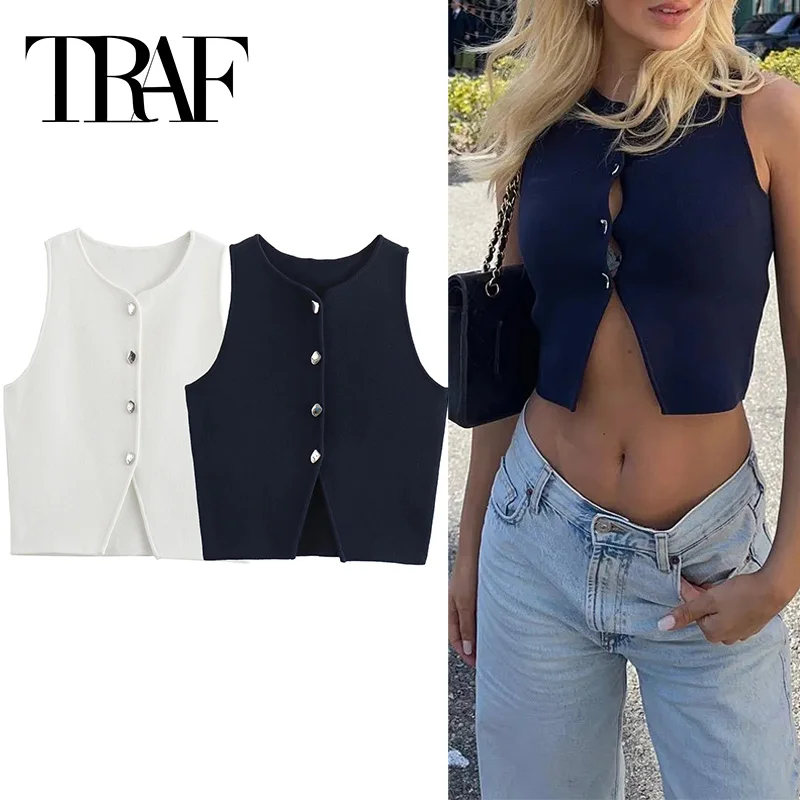 TRAF Cropped Knit Vest Women Cardigan White Sleeveless Vest Woman Fashion Button Knitted Sweater Vest Female Summer Short Tops