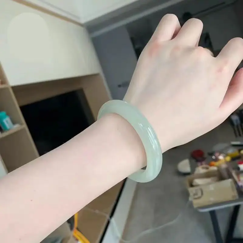 Hetian clear water style women's model Qinghai green flat strip light blue bracelet ice-type jade