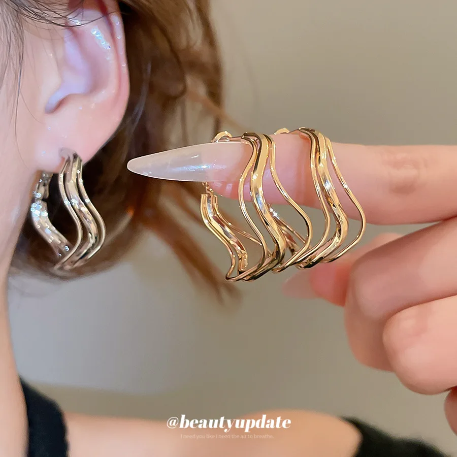 

Women's Silver Needle Wave Irregular Metal Hoop Earrings, Stylish Niche Design Ear Jewelry, Versatile Personality Earrings