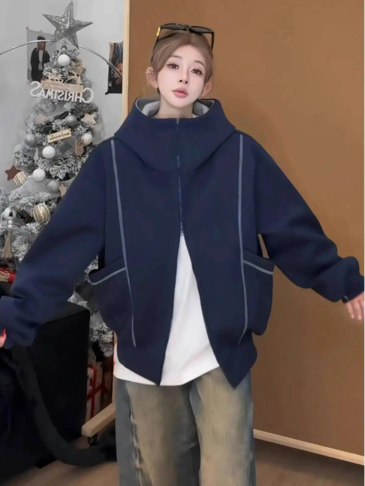 Women Hoodies Loose Zipper Hooded Jacket Short Pure Color Trendy Sweatshirt Top Korean Style Autumn Winter Women's Clothing