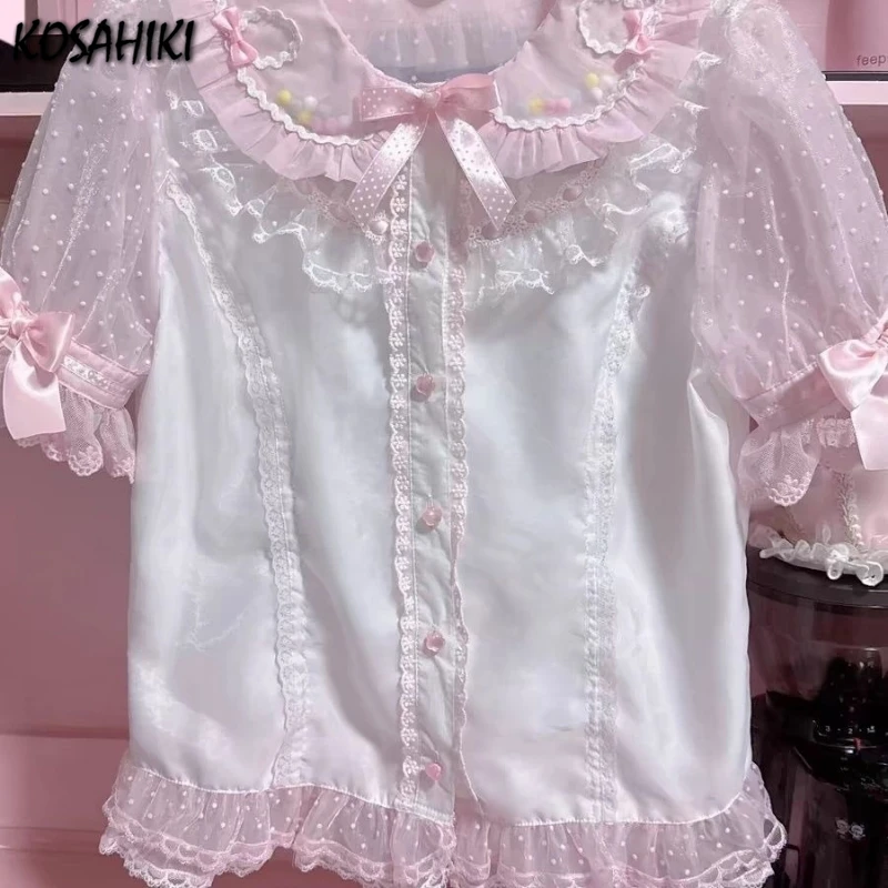 

Japanese Lolita Lace Patchwork Women Blouse Y2k Aesthetic Sweet Puff Sleeve Cute Bow Shirt Harajuku Single Breasted JK Blusas