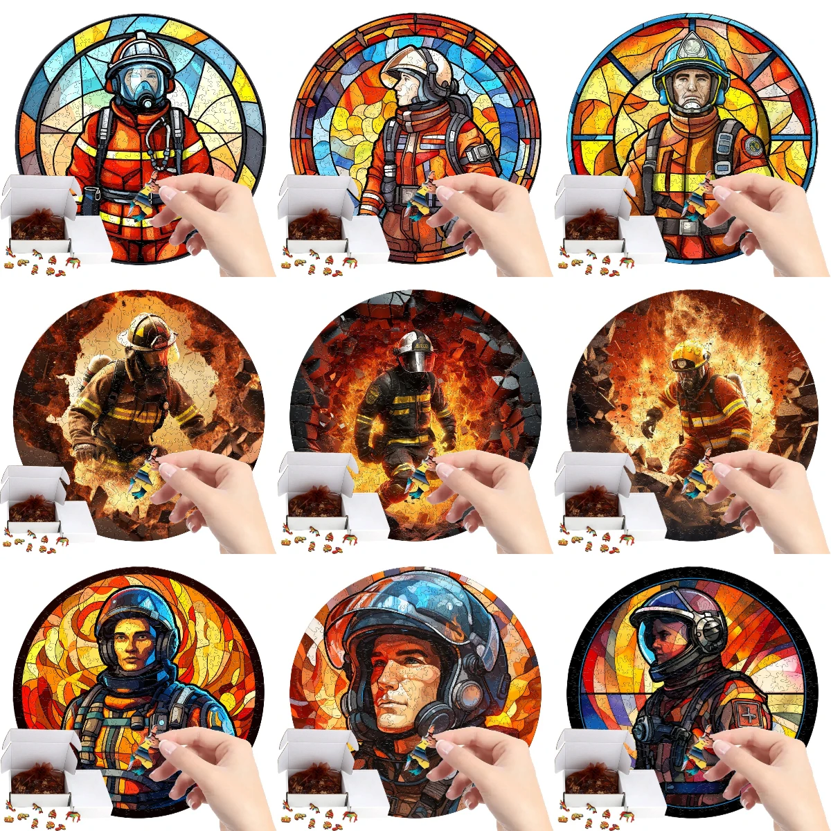 

Heroic Firefighters Wooden Puzzle Round Personalized 3D Puzzle Adult Children's Gift Education Children's Toy Game With Box