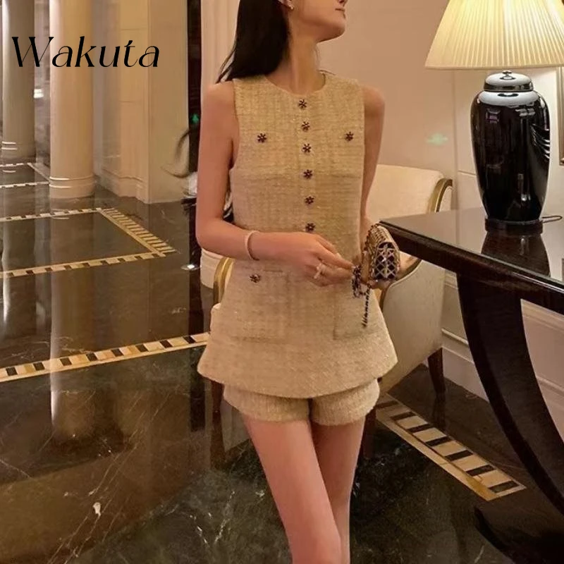 WAKUTA Vintage Round Neck Sleeveless Single Breasted Small Fragrance Sets Women\'s Yazhu Pian Vest Short Two Piece Matching Sets