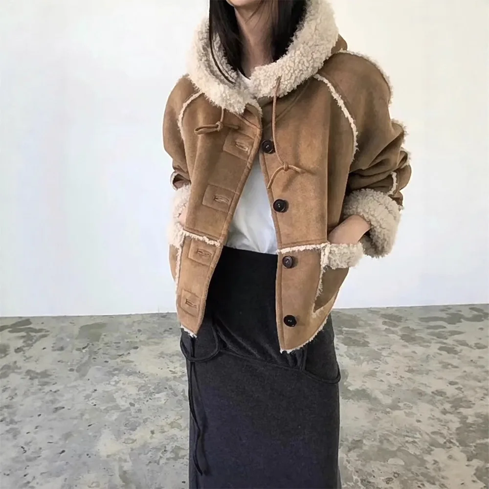 

Женская дышащая кожаная куртка из овчины с капюшоном, на одной пуговице, в корейском стиле, для активного отдыха