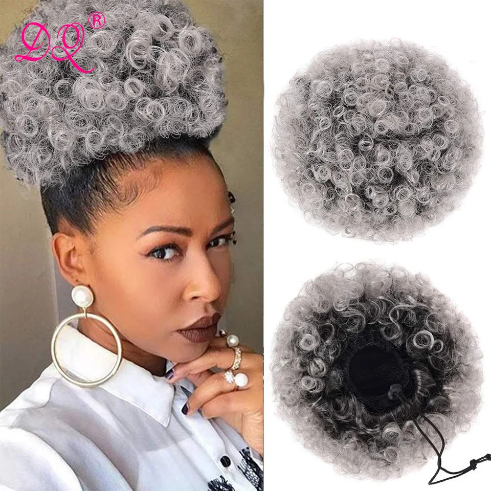 

Afro Puff Drawstring Ponytail Extension for Black Women Ombre Gray Short Synthetic Hair Ponytail Bun Clip In Kinky Curly Hair