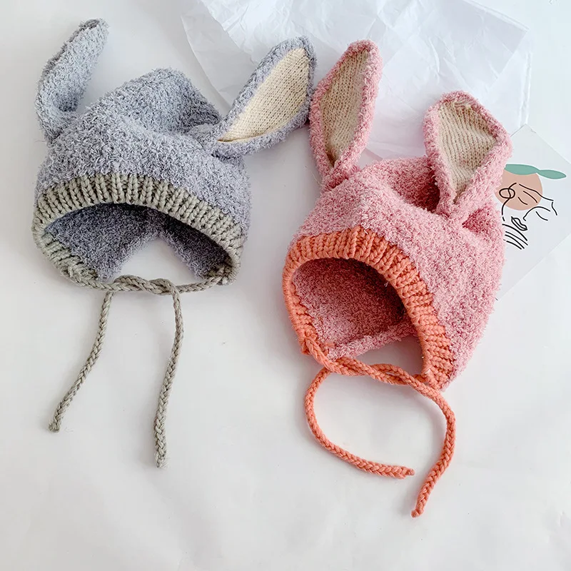 Cartoon Rabbit Baby Plush Hat Solid Color Long Ears Beanie Cap for Infant Boy Girls Winter Warm Toddler Ear Protection Caps