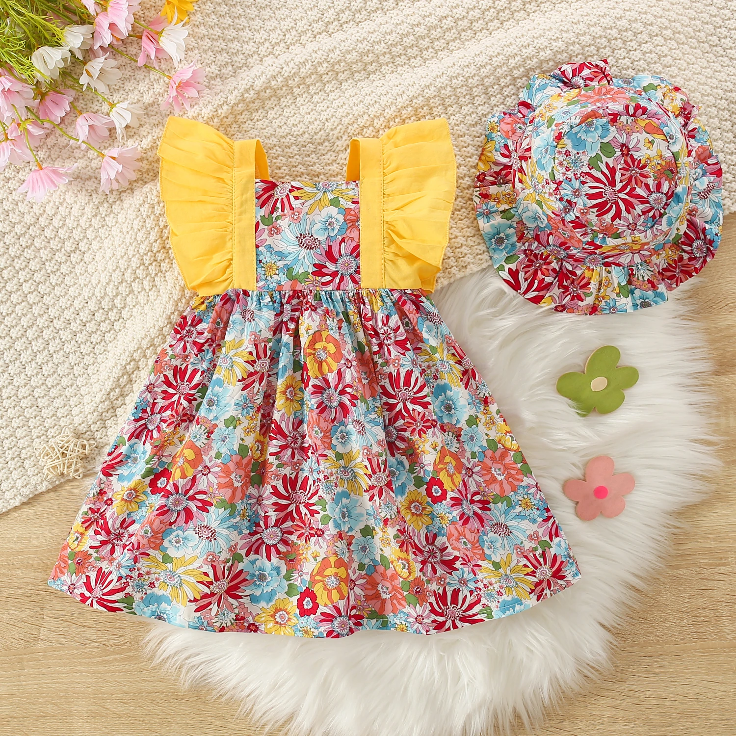 Summer New Girls\' Dress Baby Girl Dress, Korean Version Floral Dress Baby Stylish Cotton Dress Hat Included