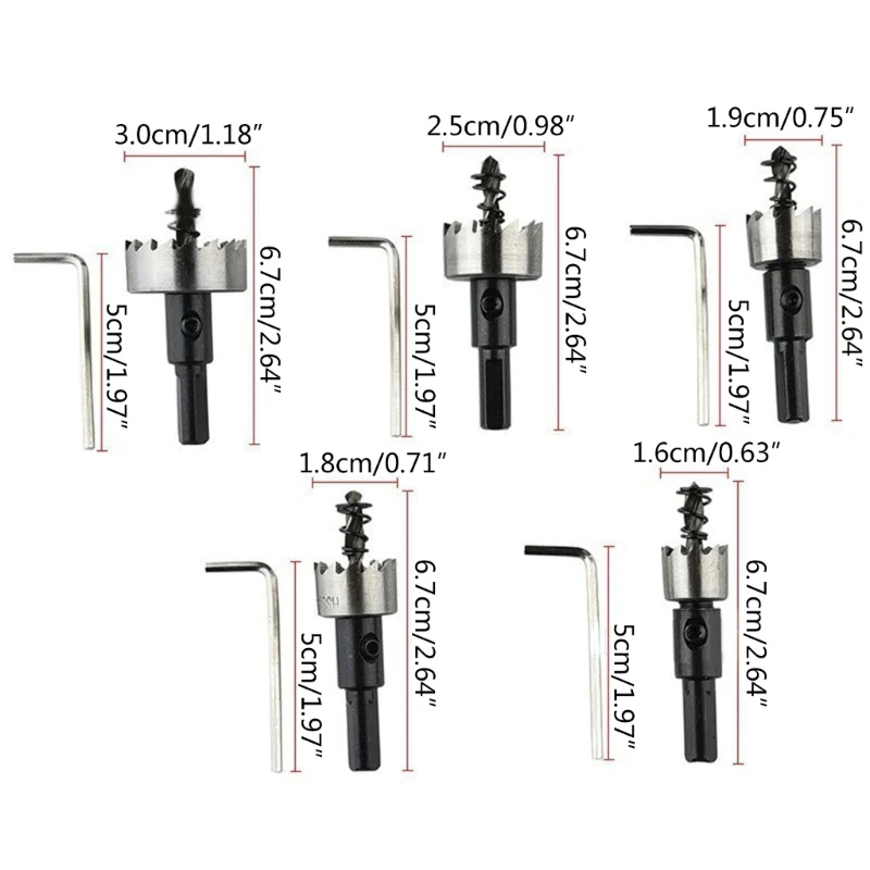 Cortador orificio metal 16-30 mm Cortador carbón Brocas taladro para madera acero Agujeros reamer 5 PCS