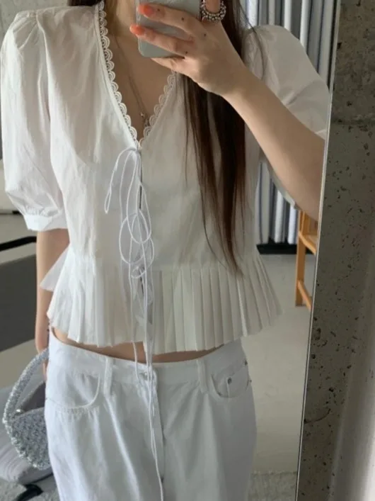 Korean Style Women's Shirt Bow Accordion Pleat Anti-Aging Unique Beautiful Cotton Summer Fashion Casual Short Sleeve V-...