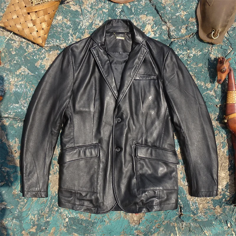 

Slim Fit Men's eepskin Leather Jaet Japanese Sle Busin Casual Long Sve Single Button Closure Pure Color Leather Coat