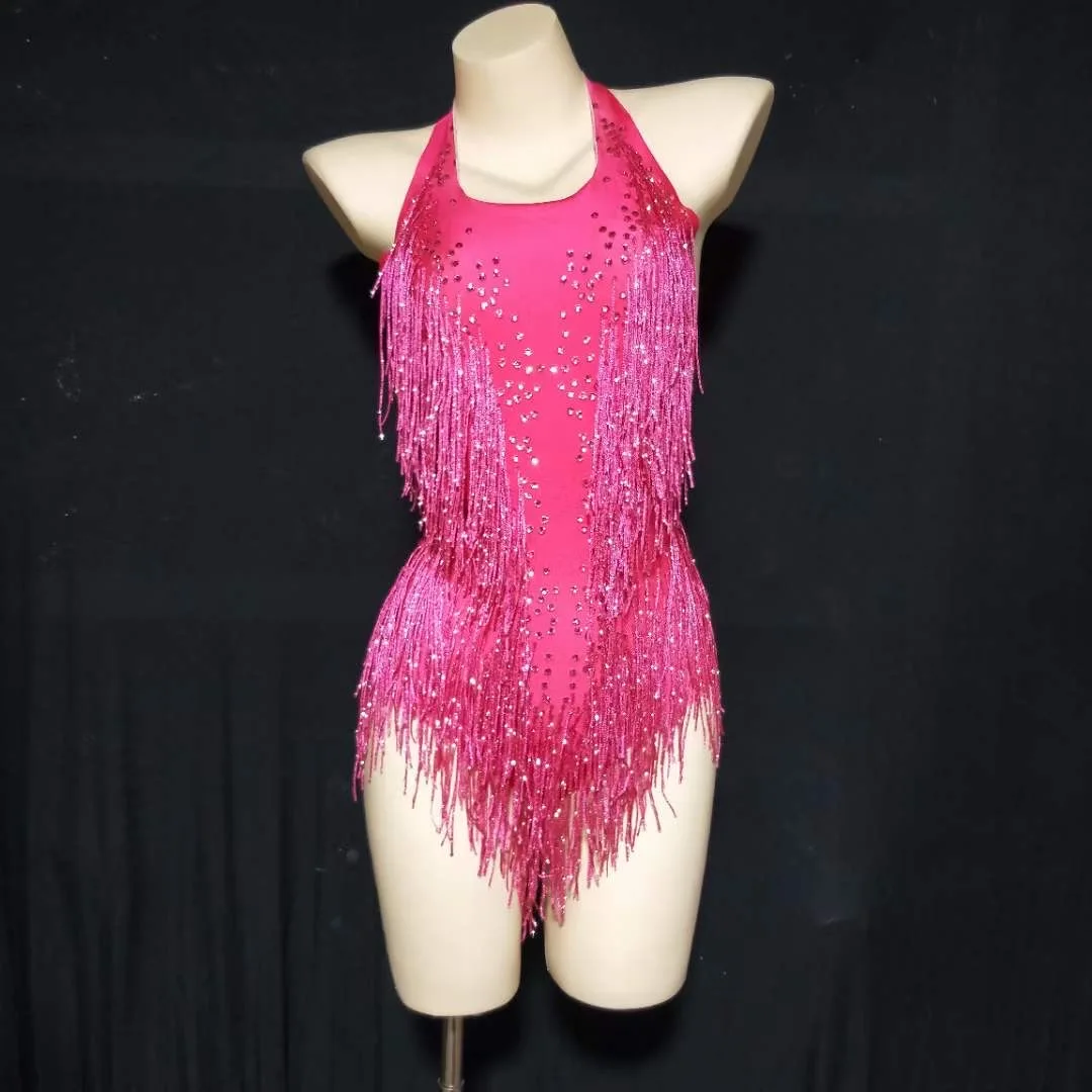 Rose Red Sparkly Rhinestones Fringes Bodysuit Women Sexy Club Outfit Dance Costume One-piece Showgirl Wear Performance Leotard