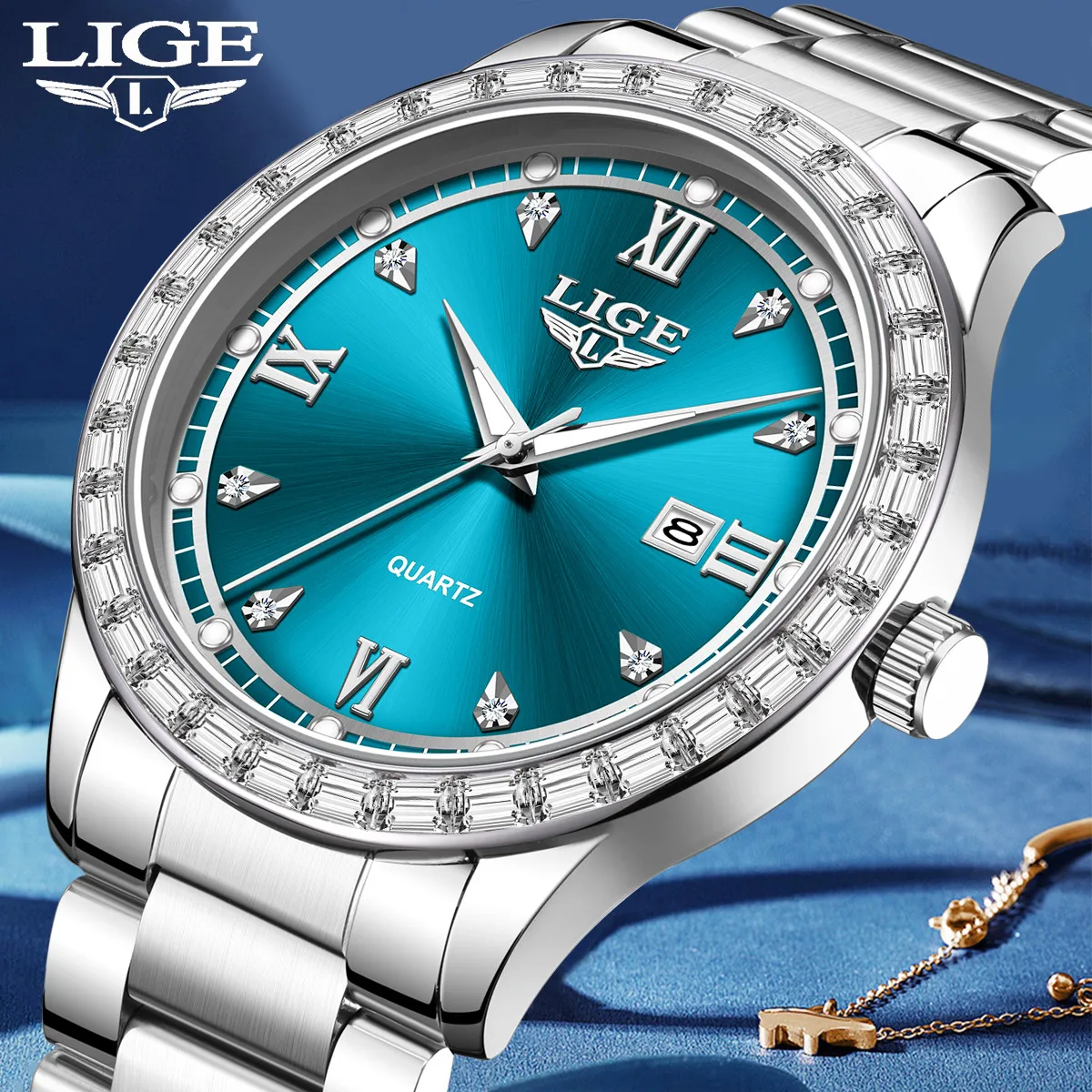 

LIGE New Elegant Women Watches Luxury Stainless Steel Waterproof Quartz Wristwatch Diamond Dial Luminous Date Ladies Watch+Box