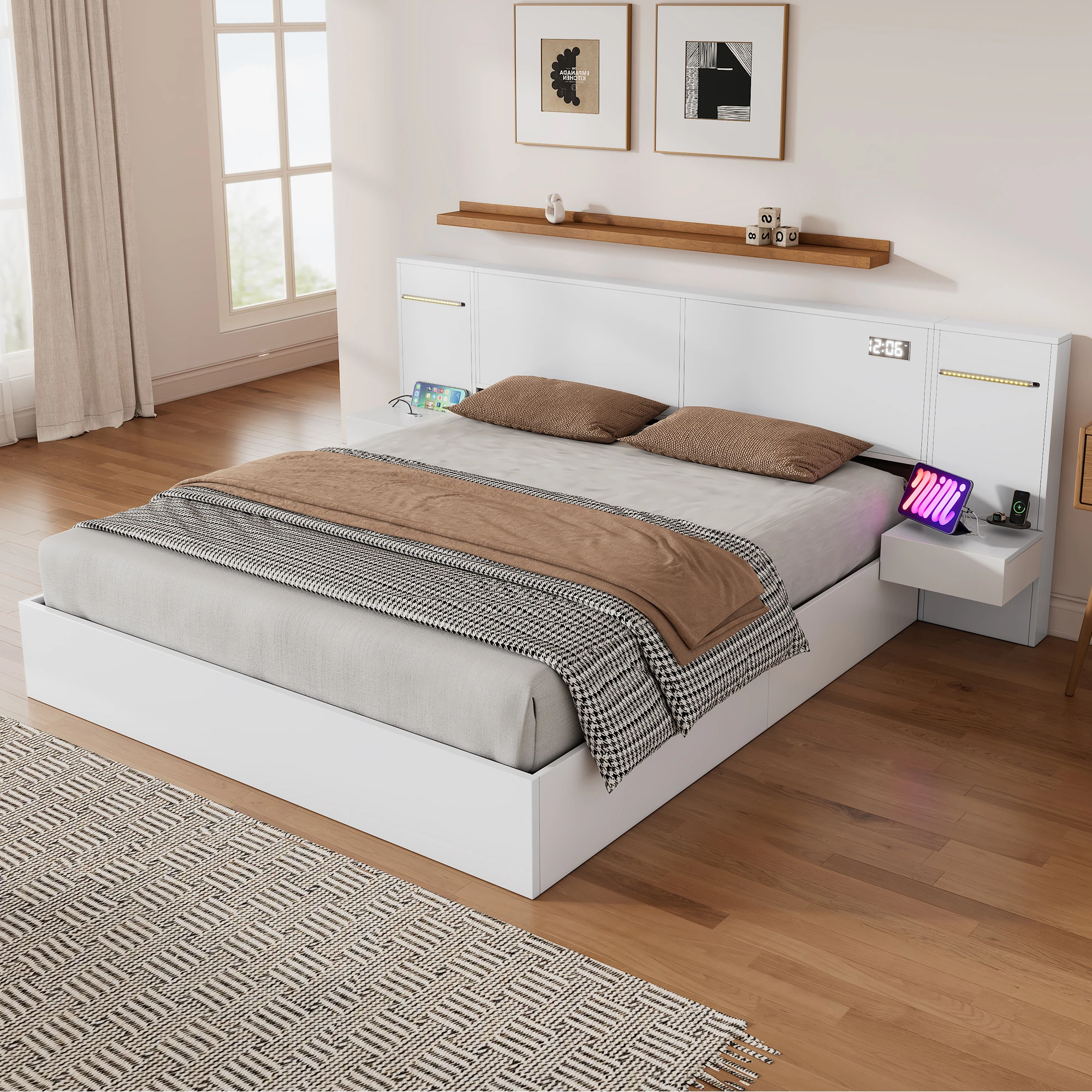 KOMHTOM Holzbett Doppelbett, mit USB Anschluss elektronischer Uhr Bluetooth Lautsprecher und farbigen Lichtleisten