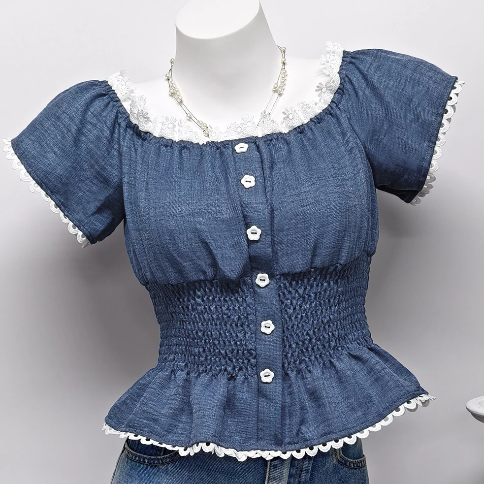 Women's Square Neck Denim Sweet Lace Patchwork Tops Summer Short Sleeve Smocked Waist Trendy Lace Trim T-shirt