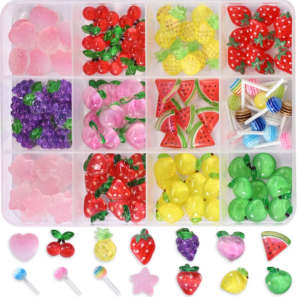 50-120 pièces 3D résine été fruits ongles breloques en boîte 11x9mm cerise/pastèque/fraise/citron Nail Art bricolage cristal fruits ongles partie