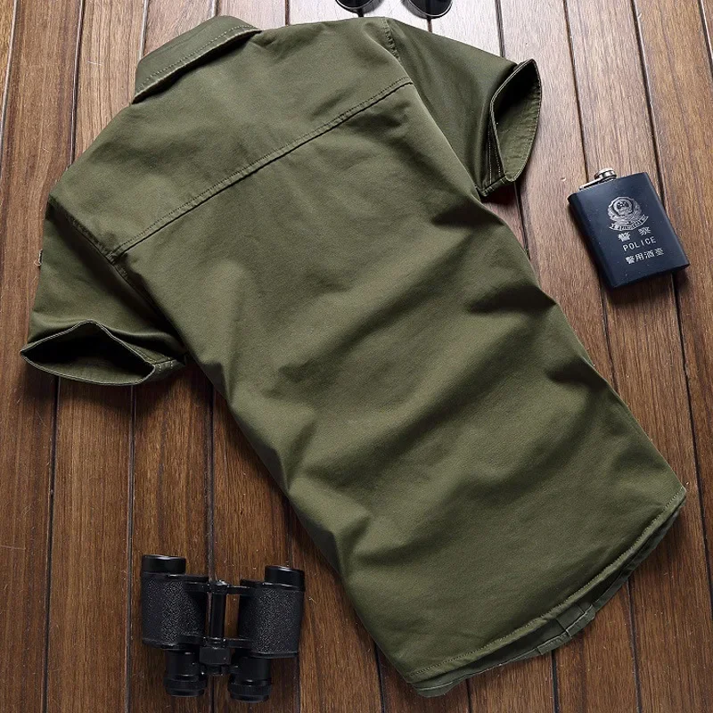 Fashion Mens Shirts Casual Slim Fit Solid 100% Cotton Cargo Short Sleeve Pilot Shirt Military Camouflage Chemise Plus Size M-6XL