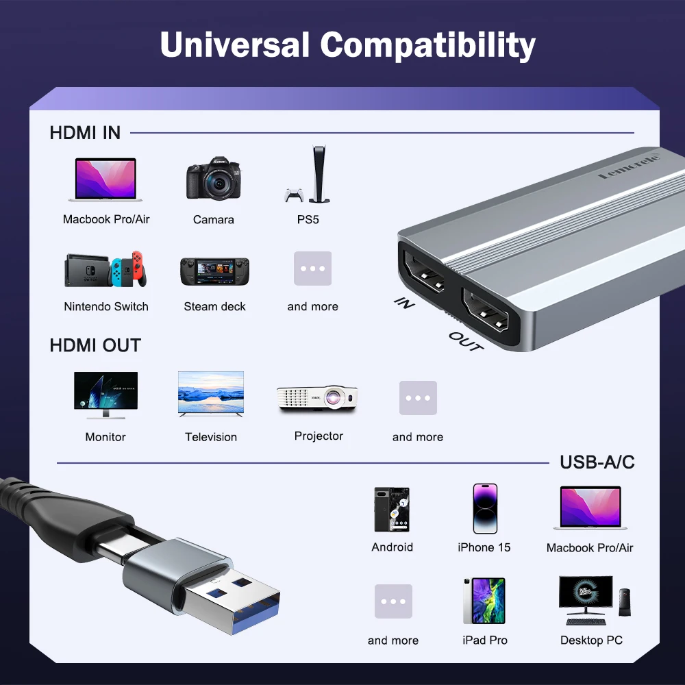 Карта видеозахвата Lemorele AC06 4K HDMI-совместимая вход 4k 30hz выход 4k 30Hz для прямой трансляции PS4/5 прямой трансляции