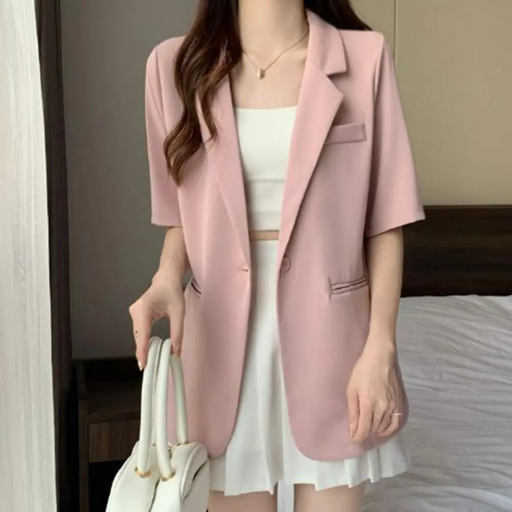 Suit Jacket Elegant Women's Short-sleeved Suit Coat with One Button Closure Versatile Solid Color for Business for Casual