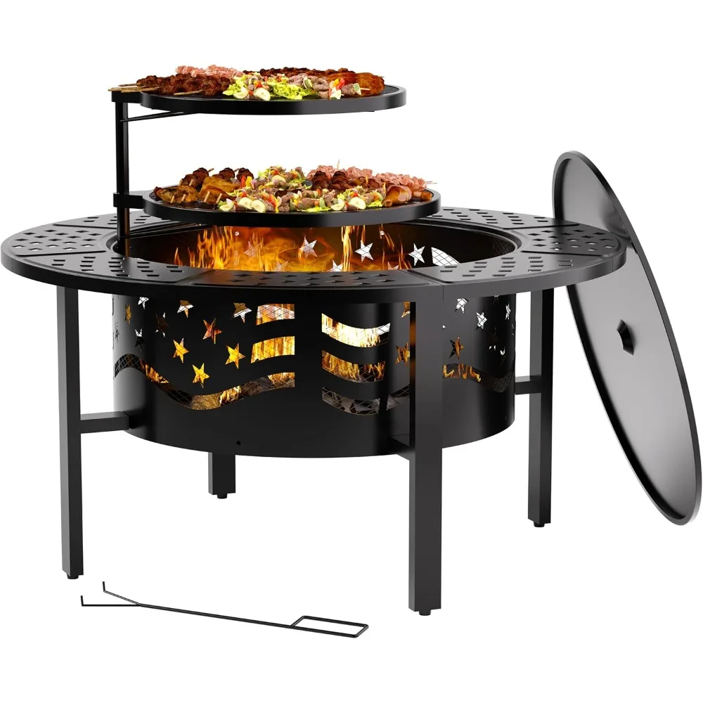 

42 Outdoor Fire Pit with 2 Grills - Wood Burning Firepit for Outside with Cover & Poker, Heavy Duty Metal Fire Pit Lar