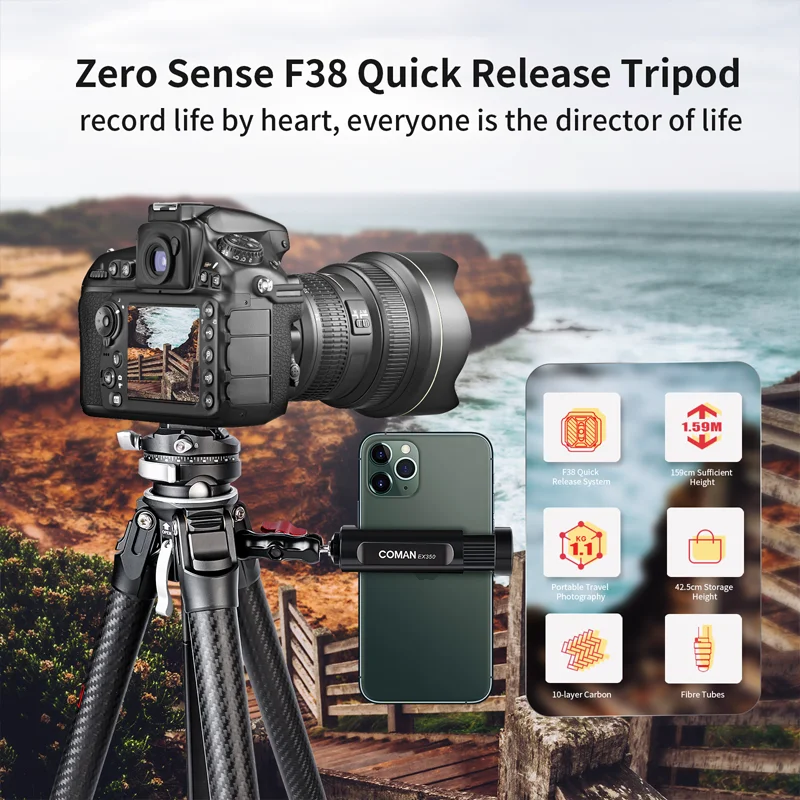 COMAN Zero F38 Carbon Fiber Tripod Lightweight Ball Head DSLR Camera Tripod with Quick Release Plate for Smartphone iPhone