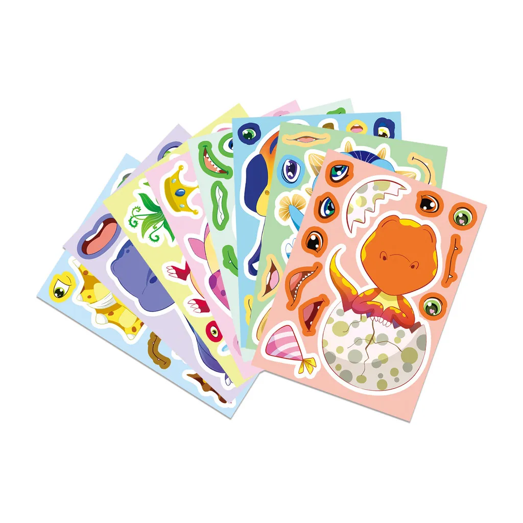 8 قطع من ملصقات ألغاز الديناصورات - شارات تعليمية إبداعية تفاعلية بين الوالدين والطفل "صنع وجه" (متجر عوالم الرسوم المتحركة)